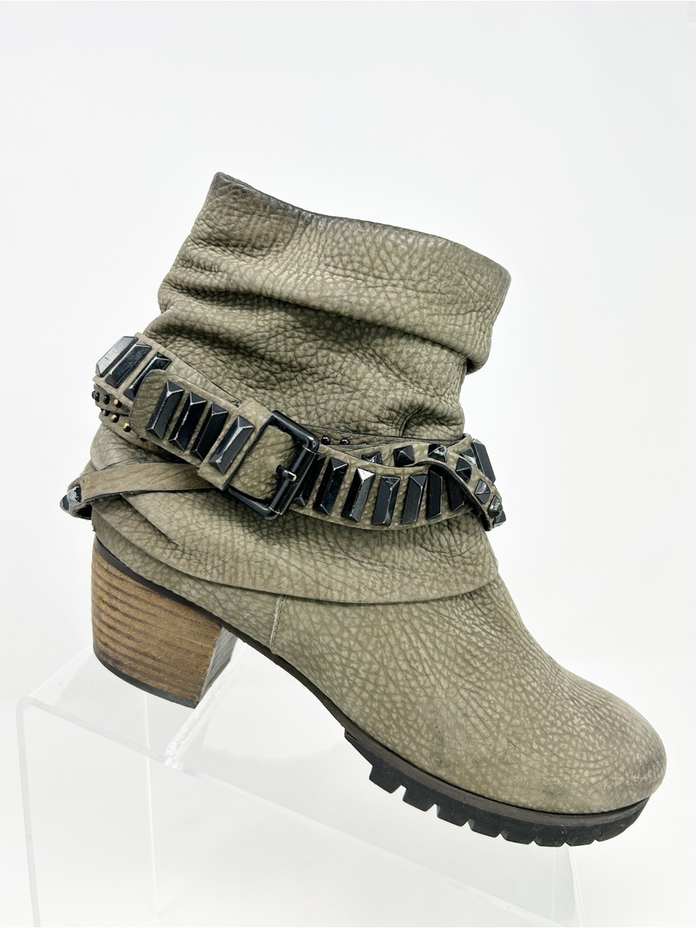 Kennel & Schmenger Taupe Leather Slouch Heeled Ankle Boots Studded Buckle 8